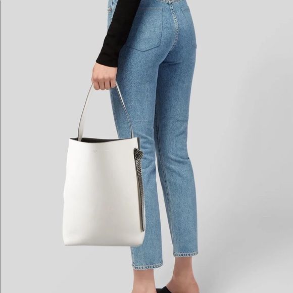 CELINE Shiny Smooth Calfskin Small Twisted Cabas White Black leather tote purse - Picture 1 of 16